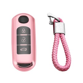 M.JVisun Soft TPU Case Protector Key Fob Cover for Mazda 2 3 Axela 5 6 Atenza 8 CX-3 CX-4 CX-5 CX-7 CX-9 MX-5 Miata for Toyota Yaris for Scion iA Smart Car Key Shell - Glossy Pink - Braided Keychain