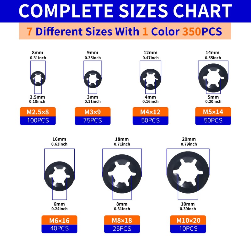 NexSync 350PCS 65Mn Steel Internal Tooth Star Lock Washers Kit