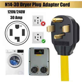 4 Prong Dryer Plug N14-30 30Amp to 110 Volt 15Amp/20Amp Adapter Cord with Breakers (Yellow)
