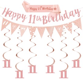 11th Birthday Party Decorations Girls - Happy Birthday Banner Decor Set with Glitter Garland Sash, Rose Gold Number 11 Hanging Swirls Bunting for 11 Years Old Party Supplies