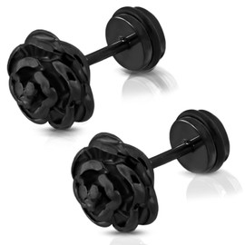 Comfort Zone Studios 6 MM (2g) Black Stainless Steel Rose Flower Faux Fake Cheater Ear Plugs Gauge, Pair