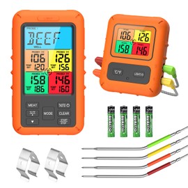 Brifit Grillthermometer, Funk Fleischthermometer, Digitales Bratenthermometer mit 4 Sonden, Großes LCD-Display, 150m Reichweite Kochthermometermit Timer und Alarm für Steak Backofen Garten BBQ