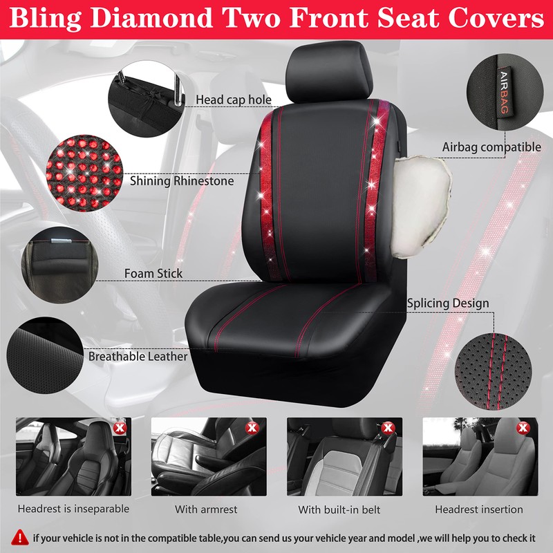 CAR PASS Rhinestone Red Bling Diamond Car Seat Covers Leather