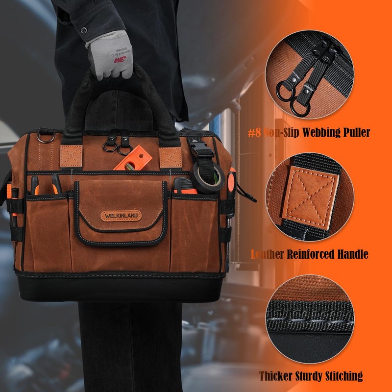 WELKINLAND 22-Pockets Hard Bottom Tool Bag, 14-Inch Waxed Canvas Tools