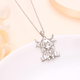 Flyow Highland Cow Jewellery Set 925 Sterling Silver Cute Highland Cow Stud Earrings and Necklace Hypoallergenic Animal Cow Jewellery Gifts for Women Girls, Sterling Silver, No Gemstone