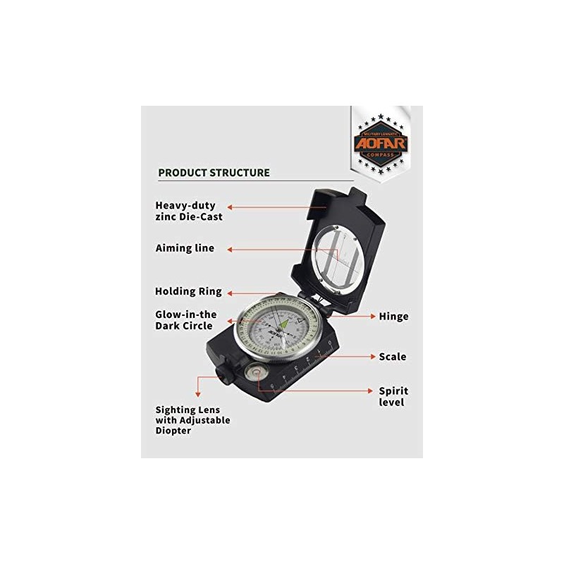 AOFAR Military Compass AF-4580 Black Lensatic Sighting Navigation, Waterproof and