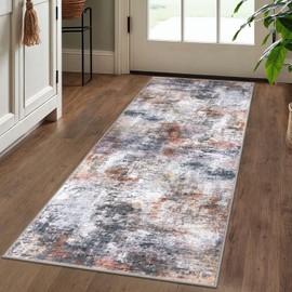 Lansny Modern Abstract Runner Rug 2x5, Grey Orange Multi Colorful Washable Kitchen Entryway Mat Non-Slip Soft Hallway Thin Print Faux Wool Carpet for Bedroom Laundry Room Indoor