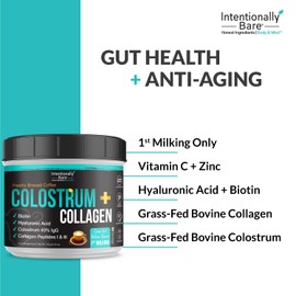 Intentionally Bare Colostrum and Collagen Powder - Grass-Fed Colostrum Powder with Biotin and Hyaluronic Acid - Brewed Coffee Collagen Powder for Skin, Immunity, Joint and Gut Health - 60 Servings