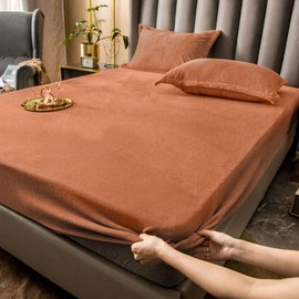Tospass Fluffy Flannel Plush Fitted Sheet 160 x 200 cm Warm Fleece Flannelette Velvet Cashmere Touch Winter Fitted Sheet Cuddly Bed Sheet for Box Spring Bed Topper Mattress up to 30 cm High Caramel