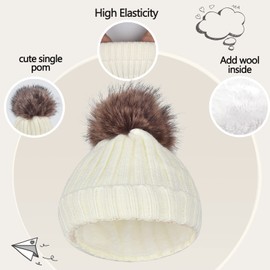 Kids Winter Knit Beanie Hat Scarf and Gloves Set for Girls Boys Warm Thick Fleece Lined Thermal White Skull Cap Mittens Infinity Scarf Neck Warmer with Pompom for 6-10 Years Old Baby Toddler Children