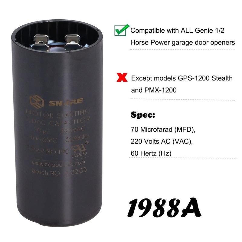 19988A Capacitor Compatible with Genie 1/2hp openers, 70 MFD 220