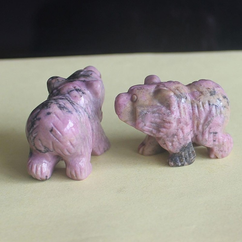 Hand Carved Mixed Gemstone Crystal Bear Figurine Animal Carving (Rhodonite)