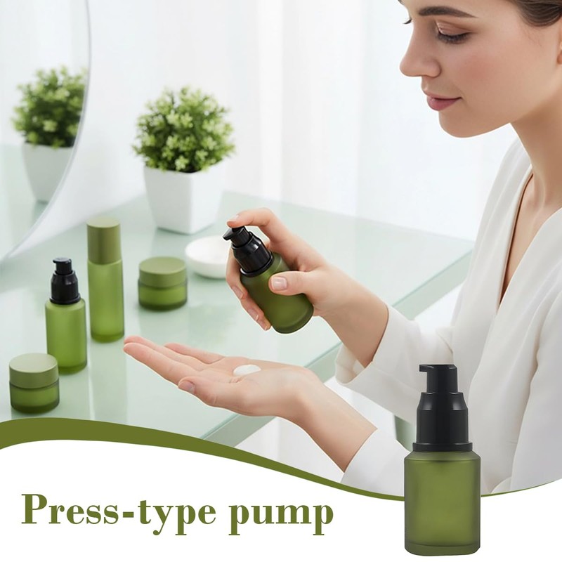 60ml/2OZ Refillable Glass Pump Bottle Frosted Green Cosmetic Makeup Emulsion