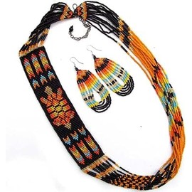 Lavivia Handmade Beaded Necklace| Native American Style Layered Necklace| Seed Bead Necklace for Women- Handcrafted with Love| Black and Orange Fire Colour.