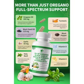 Organic Oil of Oregano Capsules with Black Seed Oil, Garlic, Turmeric, Holy Basil, Vitamin D3, E & Black Pepper for Better Absorption – Immune, Digestive & Respiratory – Vegan, Non-GMO, 4 Month Supply