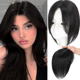 Hair Toppers for Women Real Human Hair, 360°3D Topper for Women with Thinning Crown Wispy Clip in Bangs Breathable Hand Tied Craft Big Coverage Hairpieces(Black, 12 Inch-Side)