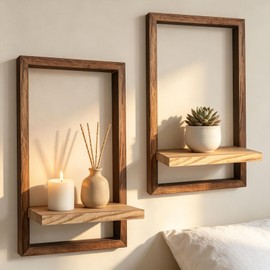 Rustic Wooden Wall Shelves for Indoor Plants, Hanging Wall Planters Shelf, Floating Shelves for Wall Decor, Farmhouse Plant Holder for Bathroom, Bedroom, Living Room, Brown & Natural