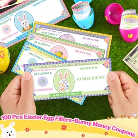 JULEASEL 100 Pcs Easter Egg Fillers-Bunny Money Coupons, Paper Easter Egg Tokens Basket Stuffers, 60 Redeemable Coupons+30 Blank DIY Coupons+10 Bunny Dollars, for Easter Activities