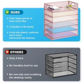 Marbrasse 6 Tier Paper Organizer Letter Tray - Mesh Desk File Organizer with Handle, Paper Sorter for Letter/A4 Office File Folder Holder -Pink