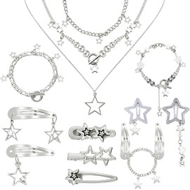 Quelay - Juego de 13 accesorios Y2K para Grunge, accesorios de joyería incluidos, collar en capas, pulsera Y2K, pinzas para el pelo, diseño de estrella plateada, conjunto de joyas clásico para mujer