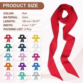 PATIKIL Stylish Ribbon Scarf, 2 Pack Solid Color Skinny Scarf Pure Long Neckerchief Silk Satin Sash Belts Hair Scarves Handbags Ribbon Necktie for Women, Red