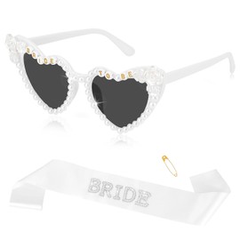 SelfTek White Heart Sunglasses, Bride To Be Sunglasses, Hen Do Accessories Faux Pearl Heart Glasses and Bride Sash for Hen Party, Bachelorette Party, Bridal Shower, Wedding