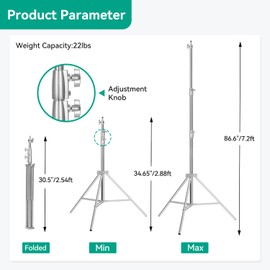 Takerers Heavy Duty Light Stand Photography: Stainless Steel 7.2ft/86.6inch Adjustable Tripod stands with Spring Cushioned, 1/4" to 3/8" Universal Screw, Carry Bag for Softbox, Strobe(Max Load: 22lb)
