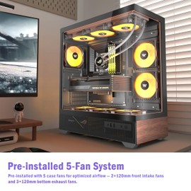 KEDIERS PC CASE ATX 5 PWM ARGB Fans Pre-Installed, Mid Tower Computer Case with Full-View Tempered Glass, Type-C,Printed Walnut Wood Panels,Support 360mm Radiator,Black Gaming Case,P6