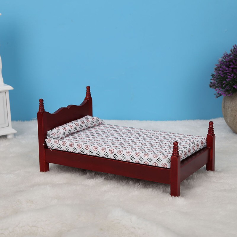 1:12 Doll House Mini Red Wooden Single Bed Furniture Accessory