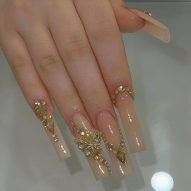 Rchovsam xl Butterfly Diamond Press on Nails Long Square Fake Nails Chain Drill Design False Nails Full Cover Gel Nails Kit for Womens 24pcs