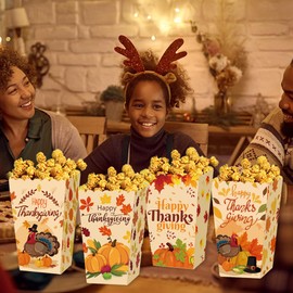 XVYLFZNP 8pcs Thanksgiving Popcorn Boxes Fall Treat Candy Box Pumpkin Turkey Maple Leave Popcorn Cookie Paper Favor Boxes For Autumn Harvest Theme Party Supplies Decor