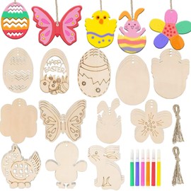 Plusupon 78 Pcs Wood Easter Tags, Unfinished Wooden Easter Ornaments, DIY Easter Unfinished Wood Cutouts Crafts Bunny Eggs Chick with Strings, Easter Decoration for Kids Easter Party