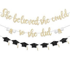 FHGG Pre Strung Congratulations Decorations Banner She Believed Could So She Did Gold Glitter 2025 Garland Graduation Congrats Grad with Tassel Party Decor College School
