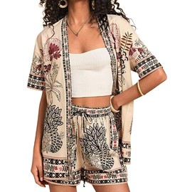 TUREAU Women Boho Tropical Print Beach Cover Up Shorts Set 2 Piece Summer Lounge Outfit Lightweight Swimwear Matching Outfit, 01Brown L