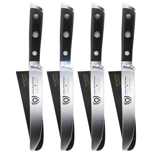 DALSTRONG Steak Knives - Set of 4 - Serrated Blade - Gladiator Series - Forged German ThyssenKrupp HC Steel - w/Sheaths (5" Serrated Blade, Black Handle)