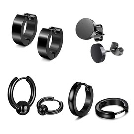 Set of 4 Pairs, 8 Earrings, Men's, Women's, Hoop Ring, Stud Earrings, Stainless Steel, Black Earrings