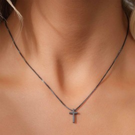 Aneneiceera Vintage Black Cross Pendant Necklace Black Link Chain Necklace Religion Cross Choker Necklace Fat Black Necklace Chain Jewellery for Women and Girls, Zinc
