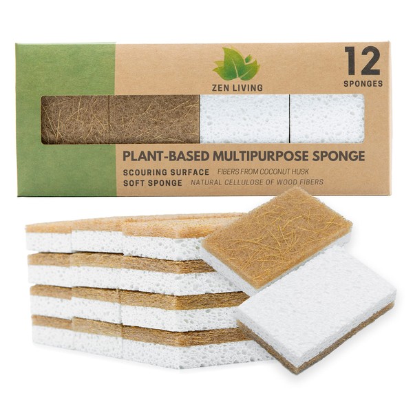 Zen Living Natural Sponge - Eco-Friendly Scrub Sponges for Kitchen - Non Scratch Odor Free Biodegradable Plant Based Scrubber Pads for Cleaning Dishes - Best Wooden Pulp Sponge (Brown-White, 12 Pack)