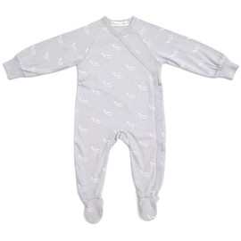 Organic Cotton Crossover Baby Sleepsuit with Feet - Grey Tiny Whales, 0-3 MTHS