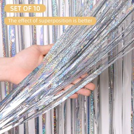 Paquete de 10 cortinas de telón de fondo plateadas de 3.3 x 8 pies, cortinas metálicas con flecos de lámina de oropel para decoración de fiesta de cumpleaños, baby shower, compromiso, boda, decoración de Navidad (plata)