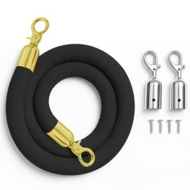 VIP Black Velvet Rope 6,5FT – Black Rope 6,5FT with 2 Pairs of Replacement Snap Ends (Gold & Sillver) for VIP Events & Parties Crowd Control