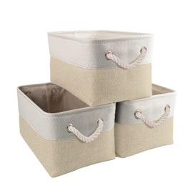 Mangata Fabric Storage Basket, Storage Box, Cupboard Basket Storage, Fabric with Rope, for Toys, Wardrobes, Shelves, Clothes, Foldable, Medium, Khaki/White, Pack of 3