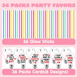JOYIN 36 Packs Neon Valentines Day Gift Bulb Cards with Glow Sticks, Glow Necklaces for Valentine's Party Favor, Valentine Classroom Exchange Cards, Valentine School Prize