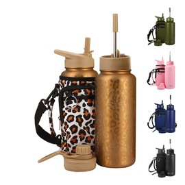 FAHRMOSIS 32 Oz Insulated Water Bottle with Strap Stainless Steel Sports Water Bottle with 3 Lids (Straw, Chug & Flip Lid) 1 Liter Leak Proof Insulated Metal Jug for Men & Women - Gold Leopard