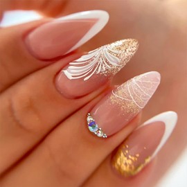 24Pcs Almond Press on Nails Medium French Tip Fake Nails White Nail Tips with Rhinestones Design Gold Glitter False Nails Nude Stick on Nails Flower Nail Supplies for Women Girls DIY Manicure