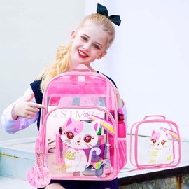 KLFVB 3PCS Kids Clear Backpack for Girls, Transparent Bookbag Stadium Approved, See Through School Bag for Elementary Preschool- Pink Cat
