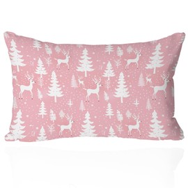 PreLiving Pink Reindeer Christmas Pillow Cover 12x20 Inch, Winter Holiday Decorative Cushion Cover, Cute Deer Pillow Case for Christmas, Holiday, and Winter Decor