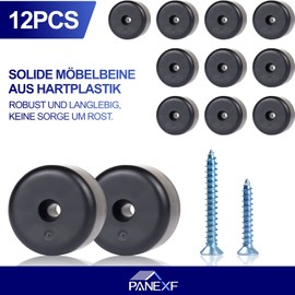 Panexf Furniture Legs, Round, Pack of 12, Feet for Furniture, Furniture Feet, Black, Diameter 40 x Height 25 mm, Cabinet Feet, Furniture Gliders with 24 Screws