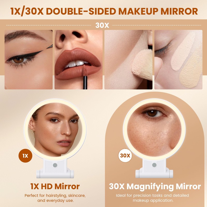 tubbede 1X/30X Lighted Makeup Mirror with Magnification, Double-Sided Switch, 3-Color