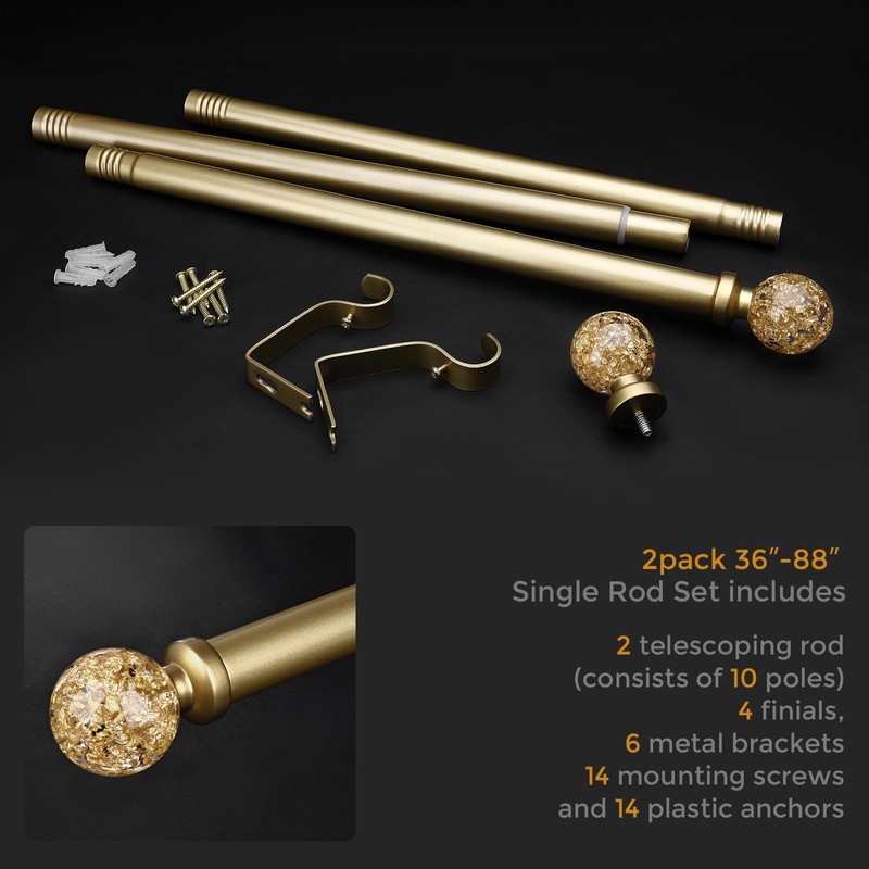 2 Pack Gold Curtain Rods for Windows 48 to 84